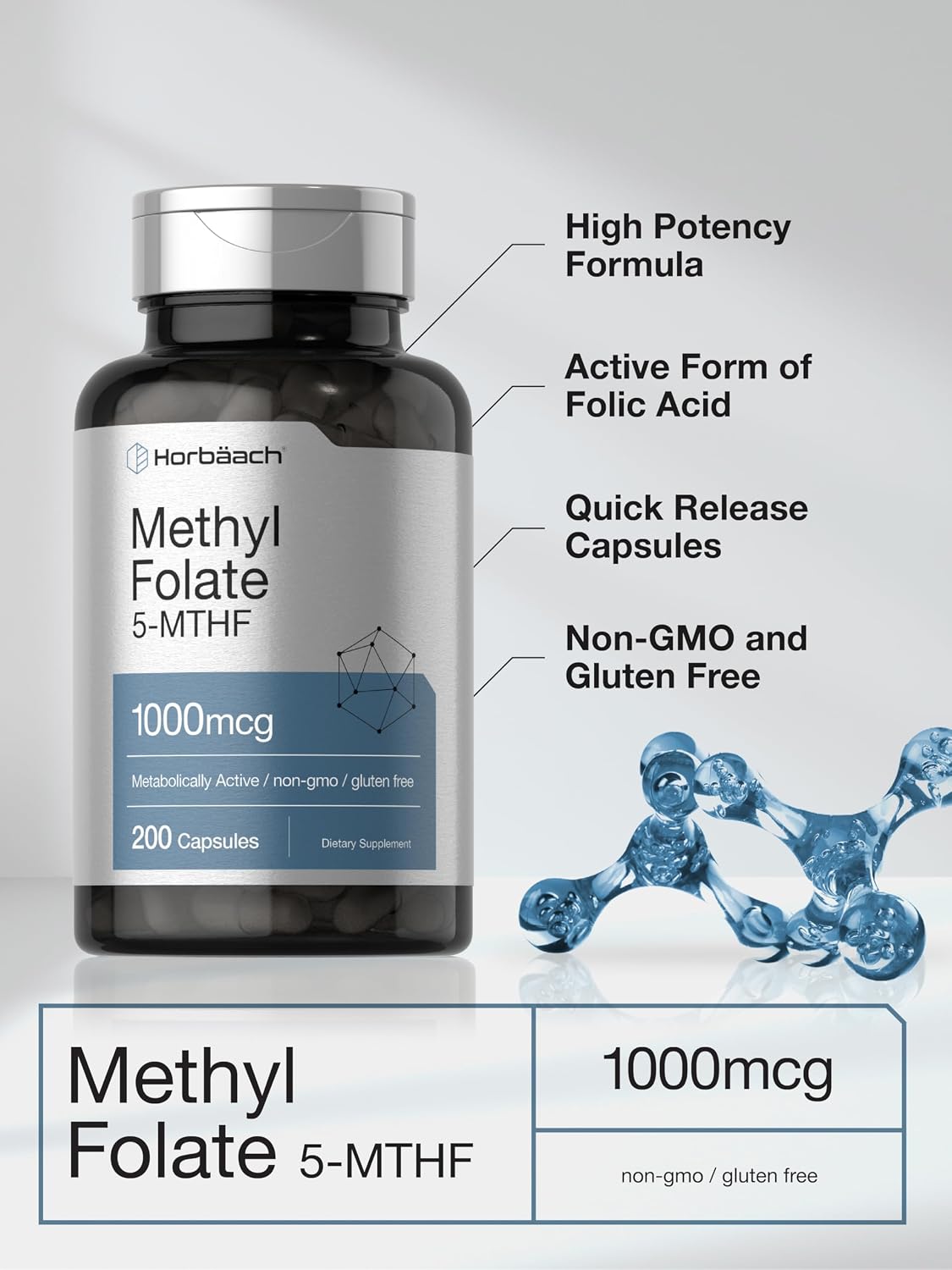 Horbaach - Methyl Folate , 5MTHF 1000mcg - Folato de metilo, 200 Capsulas