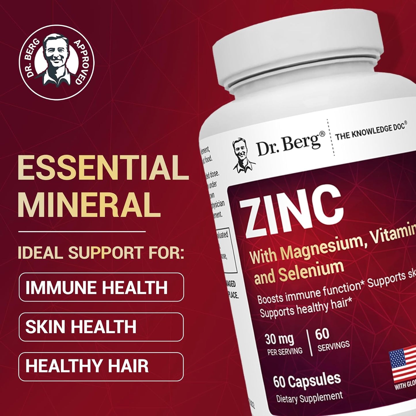 Dr. Berg - Zinc con Magnesio , Vitamina D3 y Selenio 30mg, 60 capsulas
