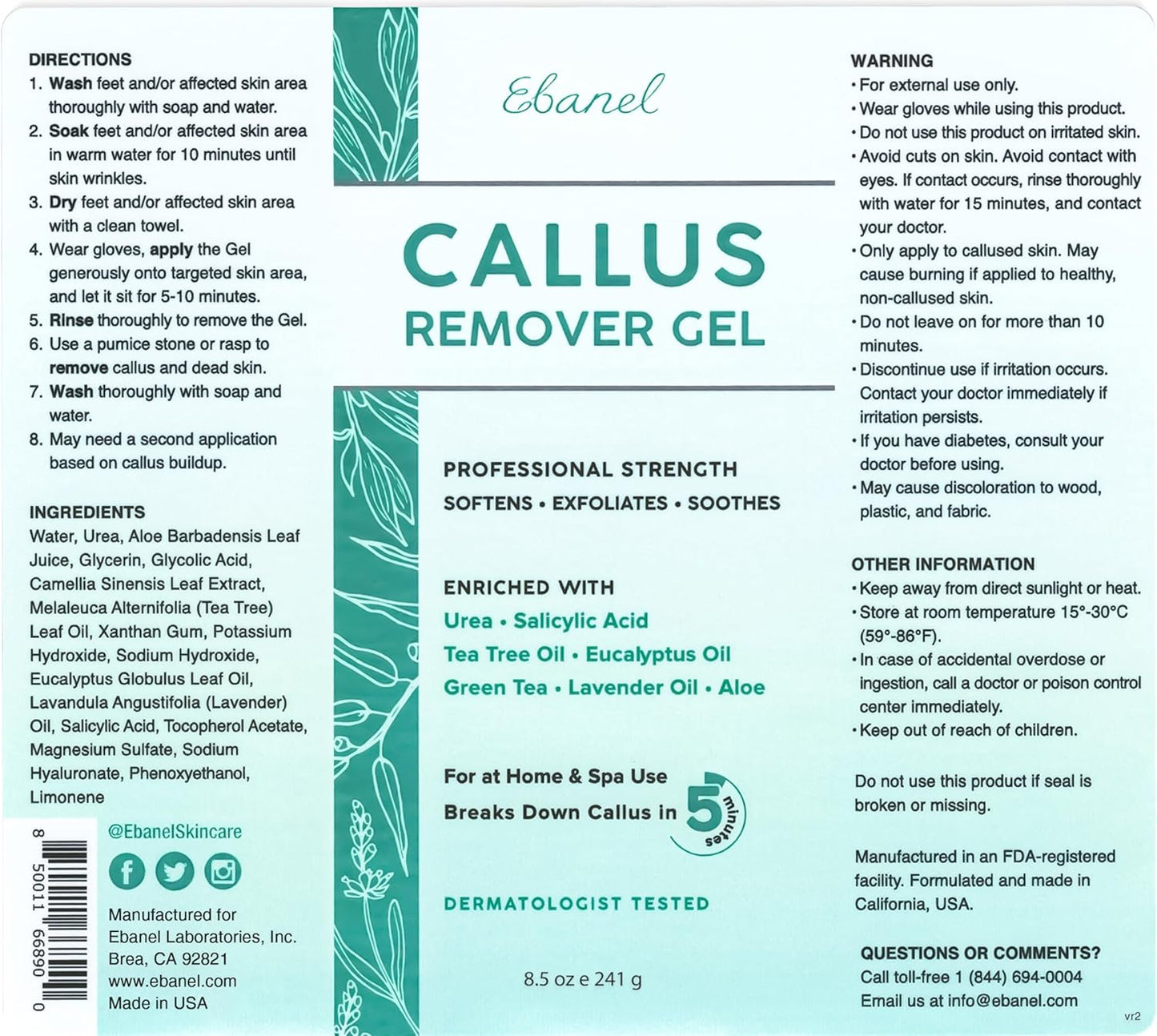 Ebanel Removedor profesional de callos 241 Gr. Para pies con 20% de urea, sal de Epsom, ácido salicílico, ácido glicólico