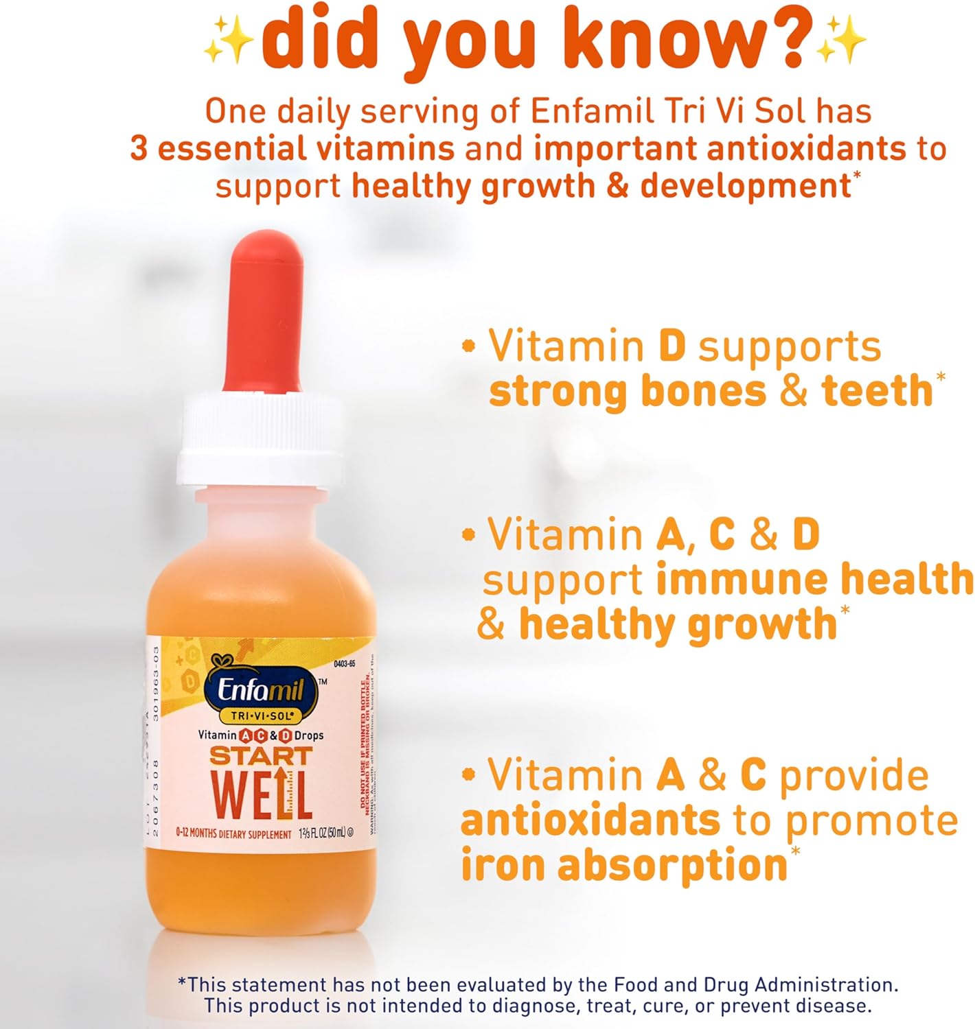 Enfamil Tri-Vi-Sol gotas multivitamínicas para bebés, apoya el crecimiento y la salud inmune de los bebés, botella de 50ml