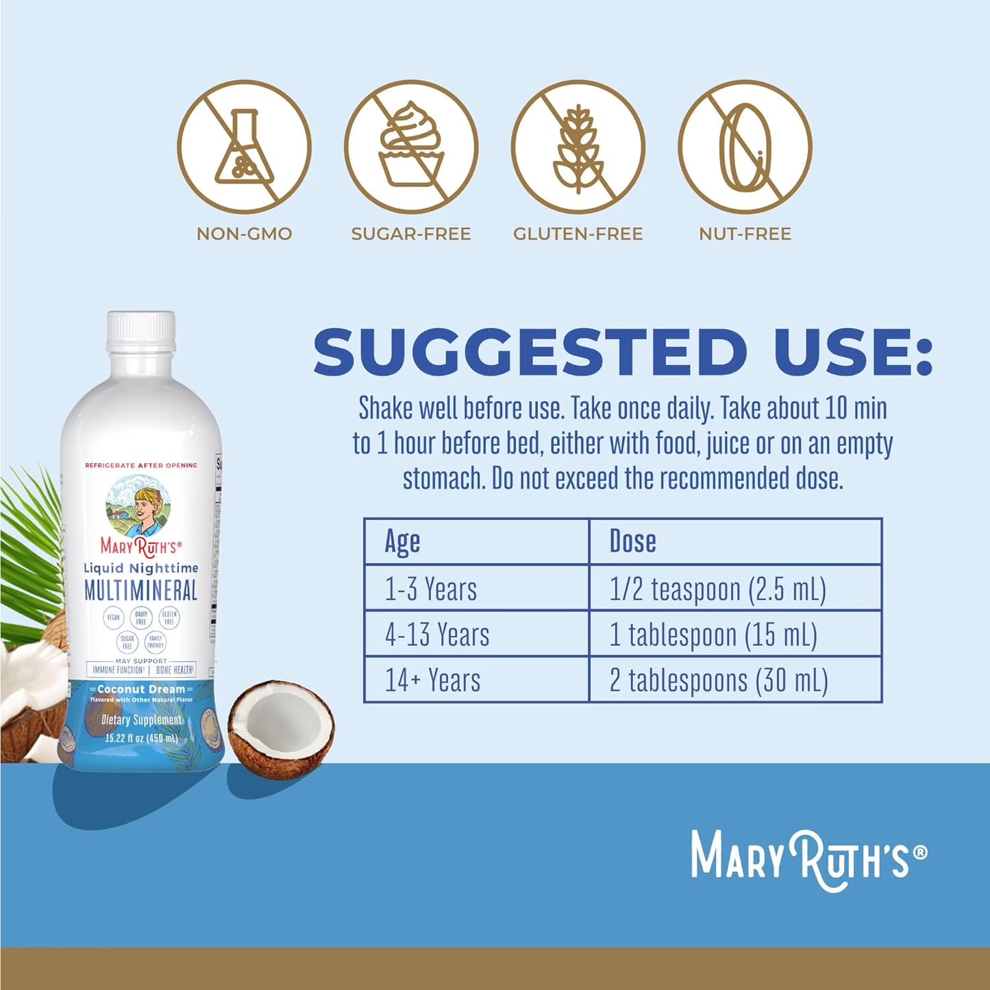 MaryRuth's Multimineral Líquido Nocturno, Citrato de Magnesio, sin Melatonina, Calmante, sin Azúcar, Vegano, Coco - 450ml