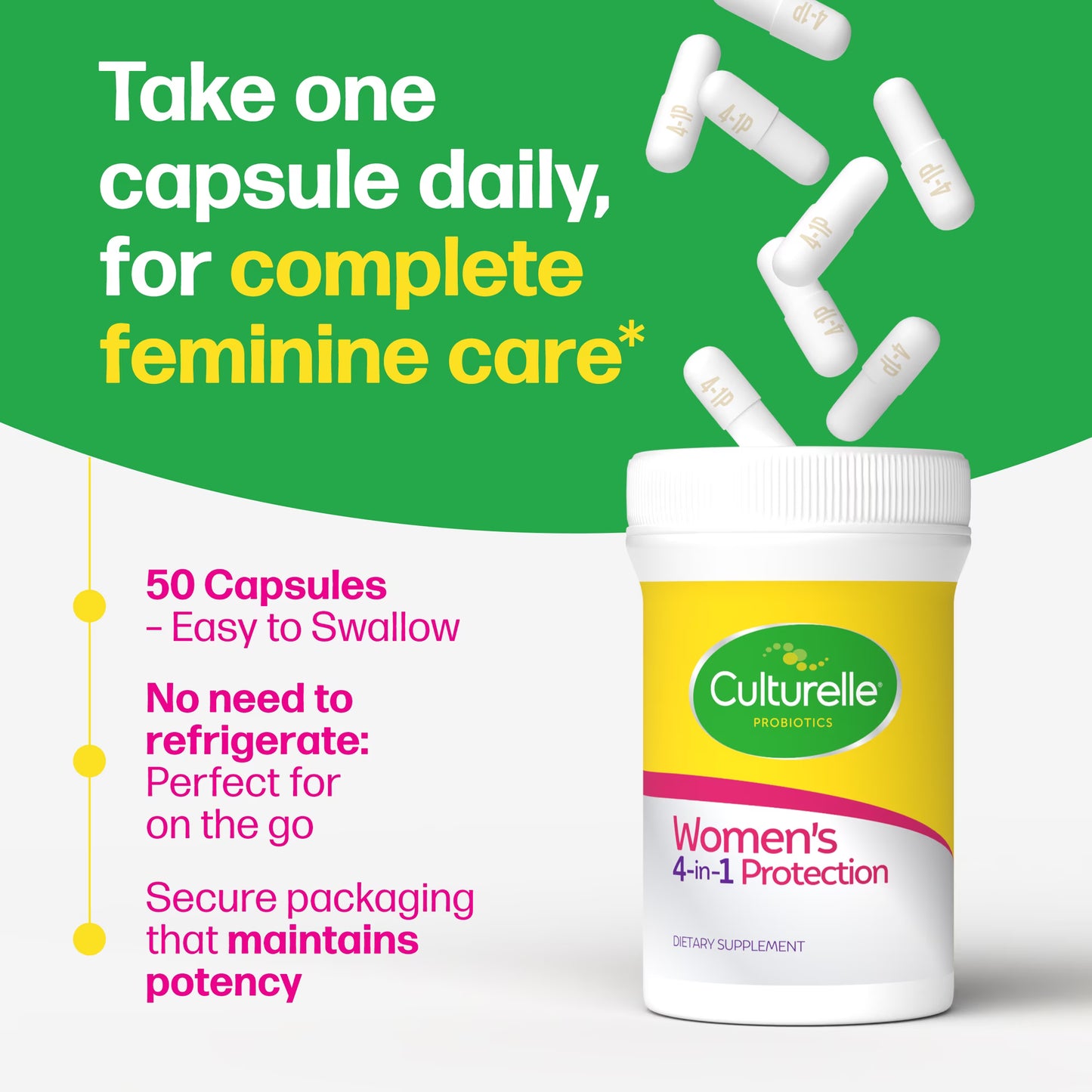 Culturelle Probióticos Suplemento Diario de Protección 4 en 1 para Mujeres, Apoya el Microbioma Femenino, 50 Unidades