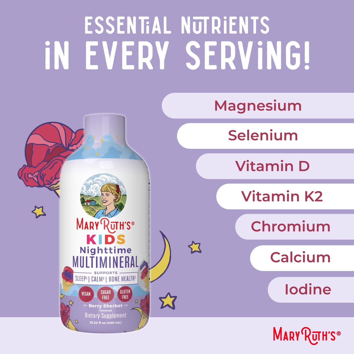 MaryRuth Organics Kids Liquid Nocturno Multimineral para la Salud de los Niños, Sorbete de Bayas, sin Azúcar - 450ml