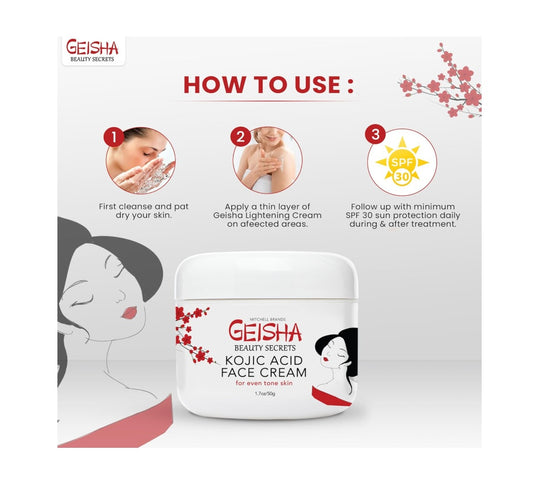 Geisha Kojic Acid Cream - 50ml. Crema iluminadora de la piel para cara, cuerpo, manos - con ácido glicólico