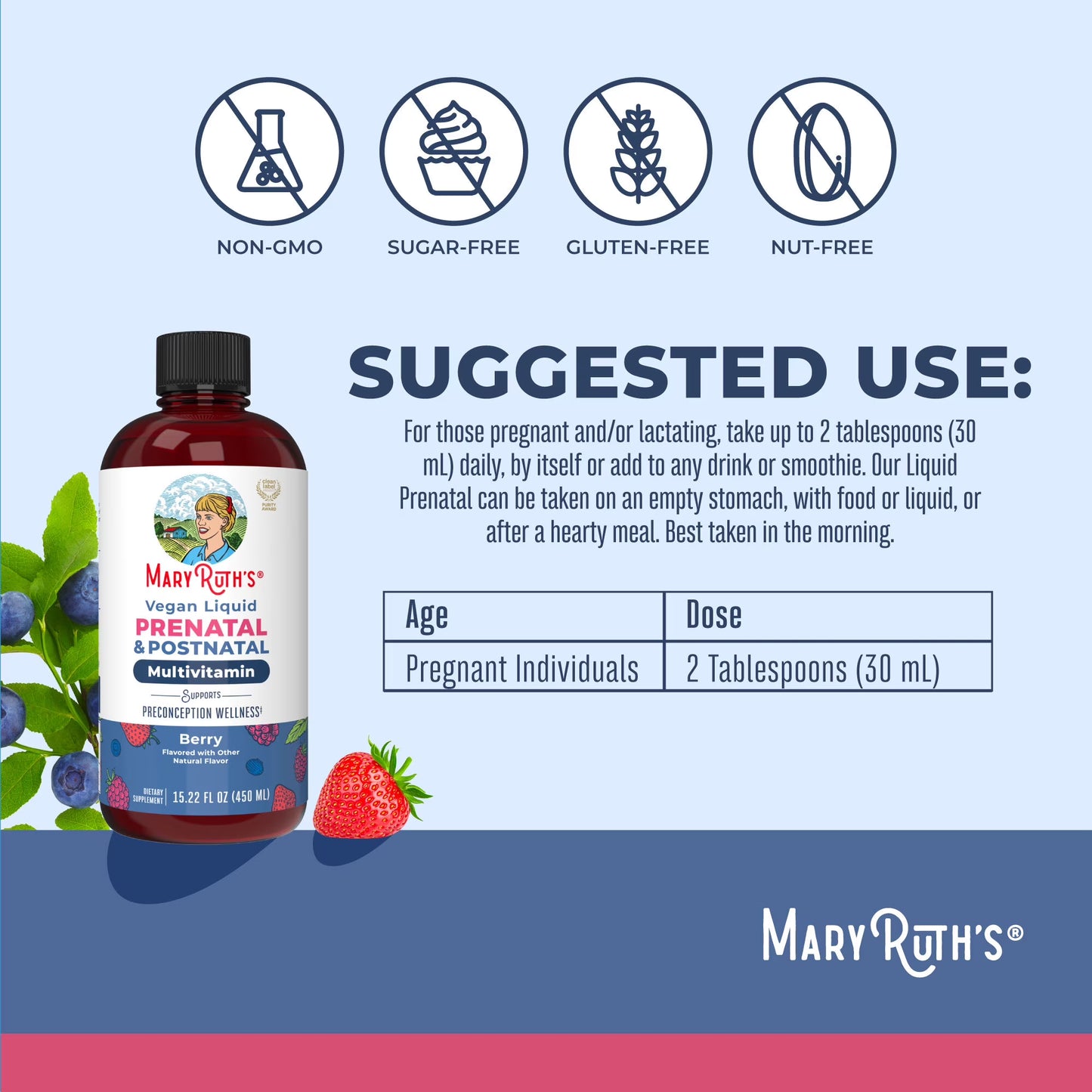 MaryRuth Organics Multivitamínico Líquido Prenatal y Posnatal, Berry, sin Azúcar,450ml