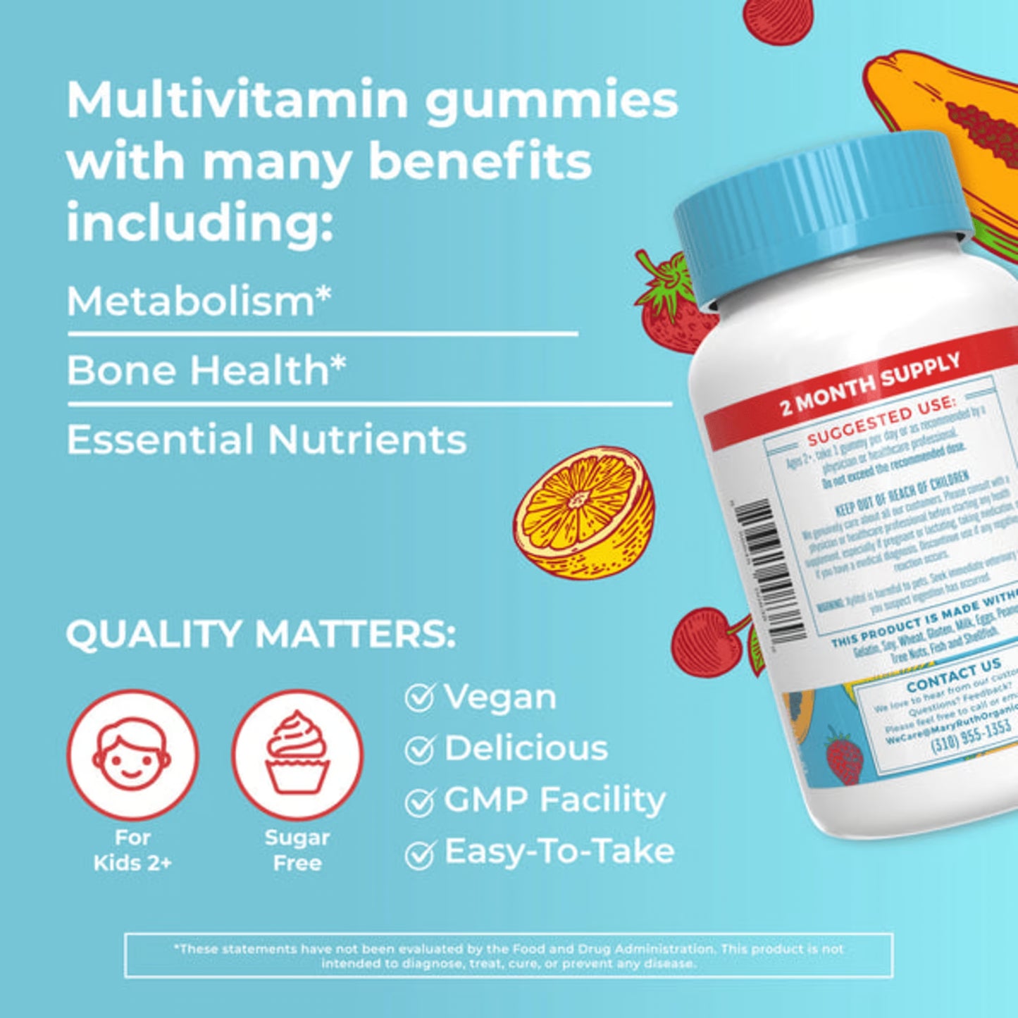 MaryRuth Organics Gomitas Multivitamínicas para Niños, Salud Infantil, sin Azúcar, Fresa Papaya Super Ponche, 30 gummies