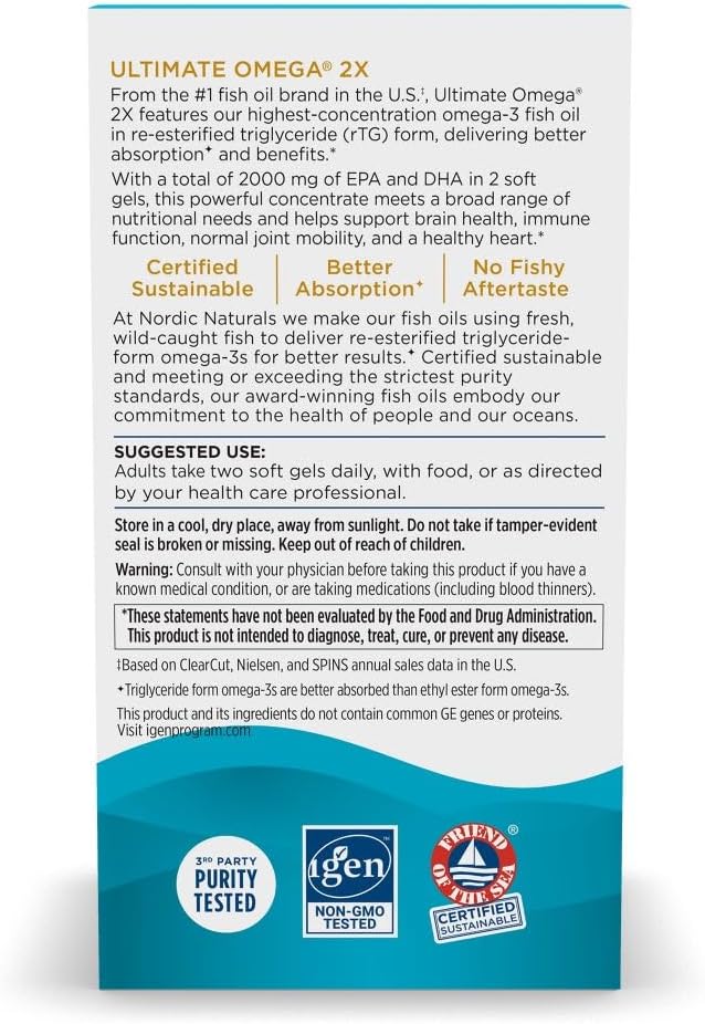 Nordic Naturals Ultimate Omega 2X, sabor a limón, 180 geles suaves, 2150 mg de omega-3, aceite de pescado de alta potencia con EPA y DHA 180 Capsulas de Gel