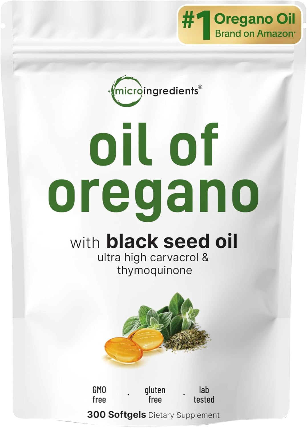 Aceite de orégano,  Micro Ingredients 300 Capsulas de Gel  2 en 1 con aceite de semilla negra, carvacrol y timoquinona.