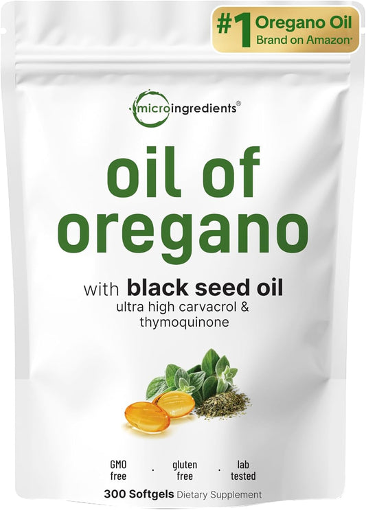 Aceite de orégano,  Micro Ingredients 300 Capsulas de Gel  2 en 1 con aceite de semilla negra, carvacrol y timoquinona.