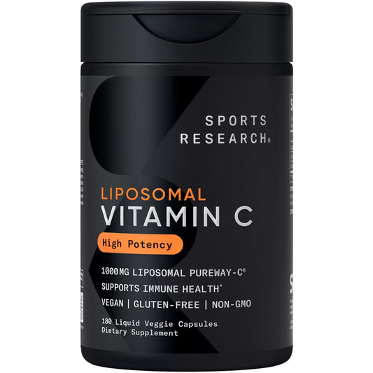 Sports Research® High Potency Liposomal Vitamin C Supplement 1000 mg – Certified Vegan, Non-GMO, Gluten Free | Antioxidant & Immune Support | Ascorbic Acid Vitamin C | 180 Liquid Veggie Capsules