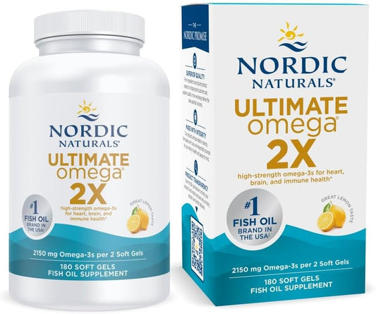 Nordic Naturals Ultimate Omega 2X, sabor a limón, 180 geles suaves, 2150 mg de omega-3, aceite de pescado de alta potencia con EPA y DHA 180 Capsulas de Gel