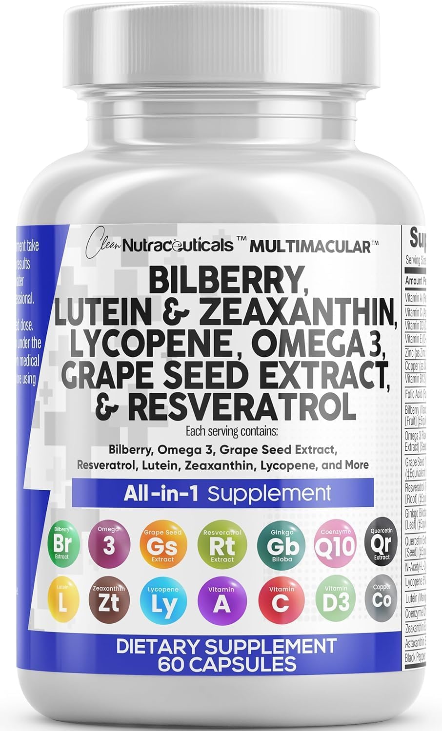 Clean Nutra - Vitaminas para los ojos con arándano, luteína y zeaxantina, suplementos de licopeno de 40 mg de resveratrol , Suplemento vitamínico y mineral  60 Capsulas