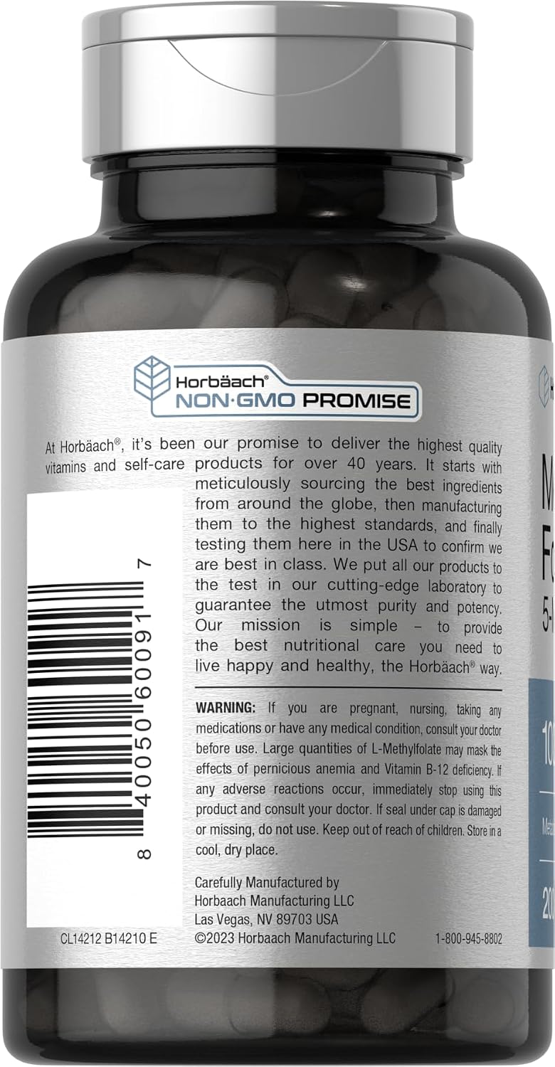 Horbaach - Methyl Folate , 5MTHF 1000mcg - Folato de metilo, 200 Capsulas