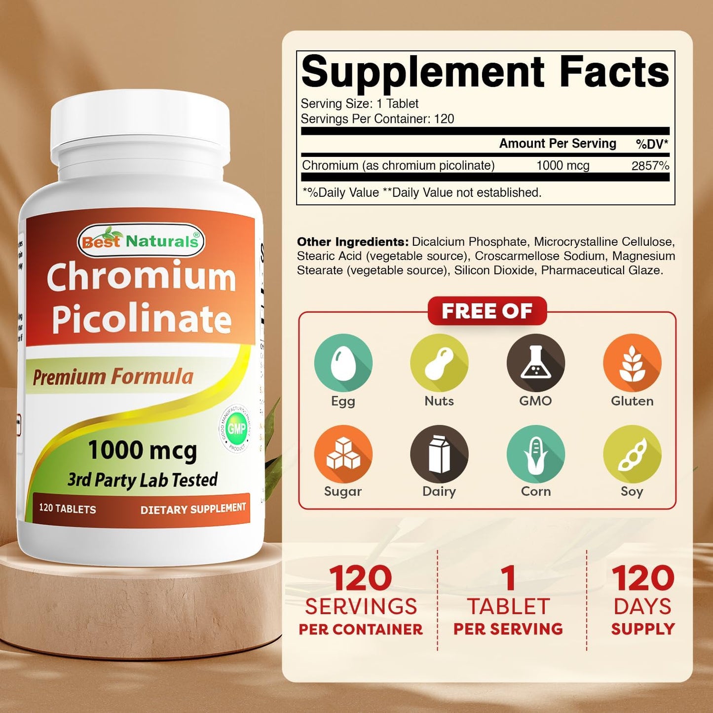 Best Naturals - Chromium Picolinate 1000mg, 120 tabletas