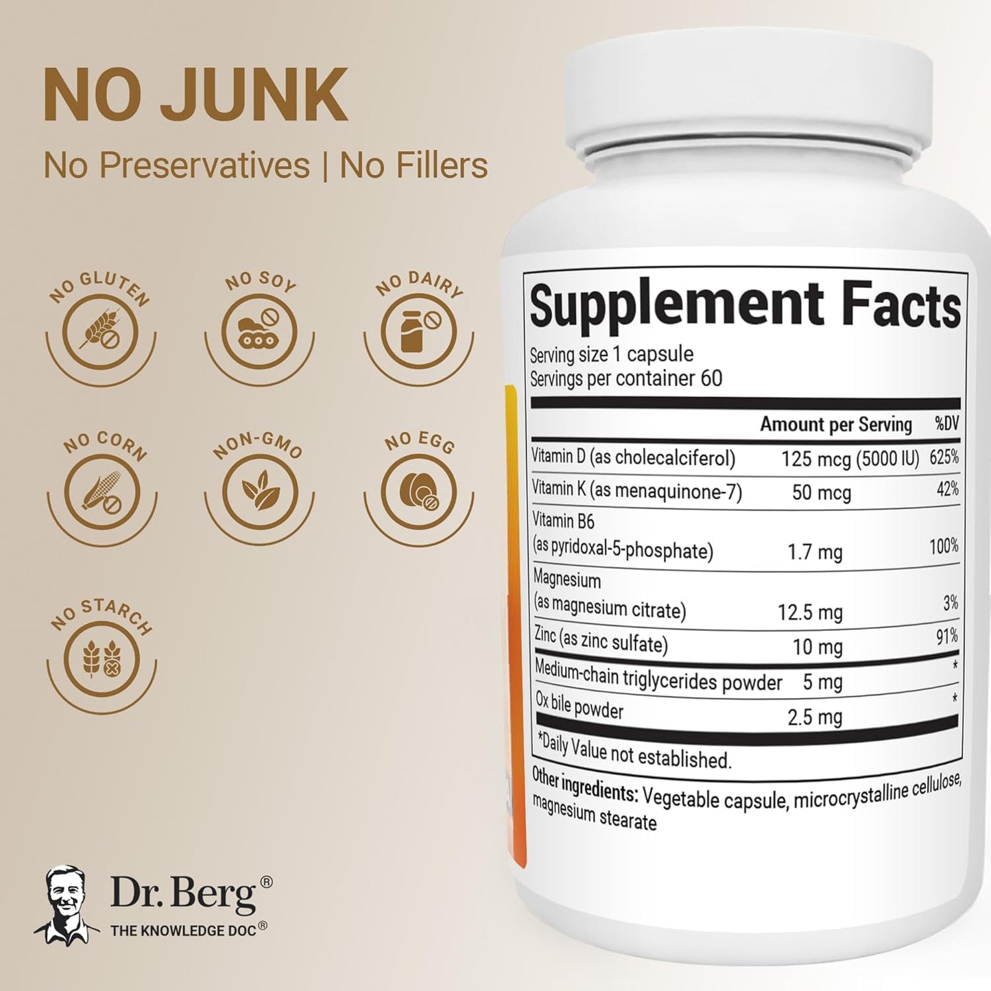 Dr. Berg - D3(5000IU) + K2(50 MCG), 60 capsulas