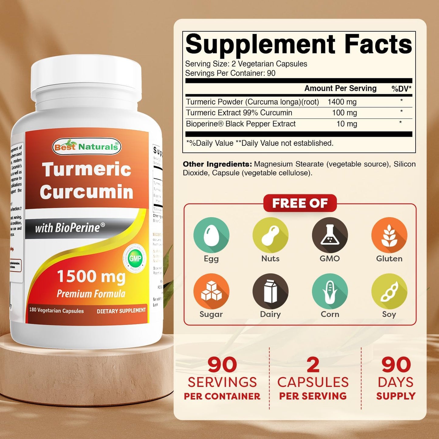 Best Naturals - Turmeric Curcumin 1500mg con Bioperine, 180 capsulas