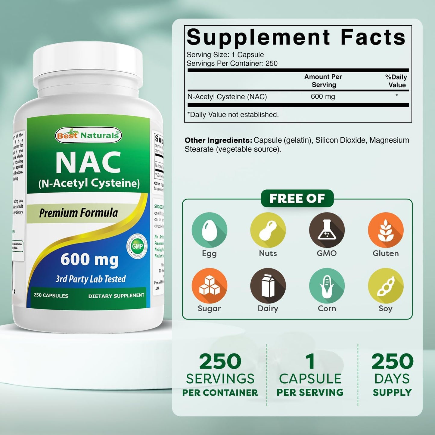 Best Naturals - NAC (N-Acetyl Cysteine), 600mg - 250 tabletas