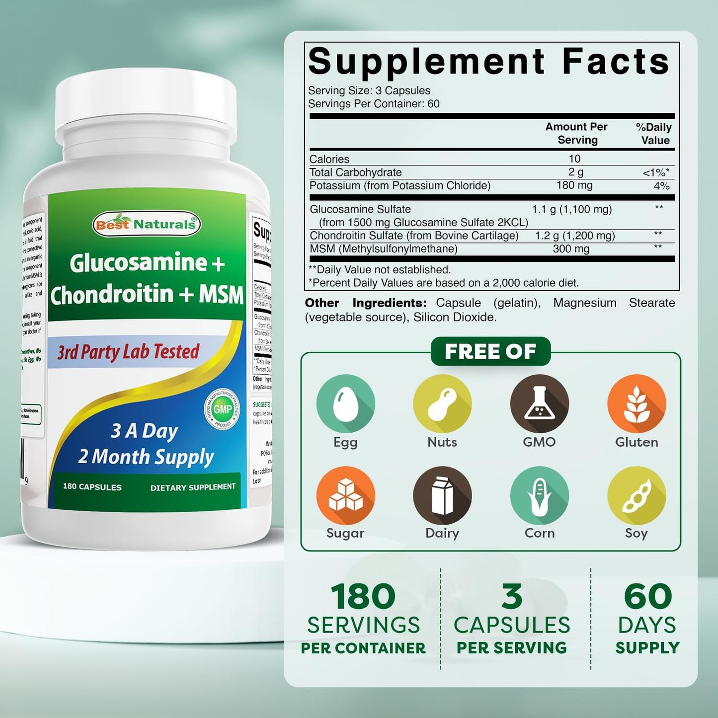 Best Naturals - Glucosamine + Chondroitin + MSM, 180 capsulas