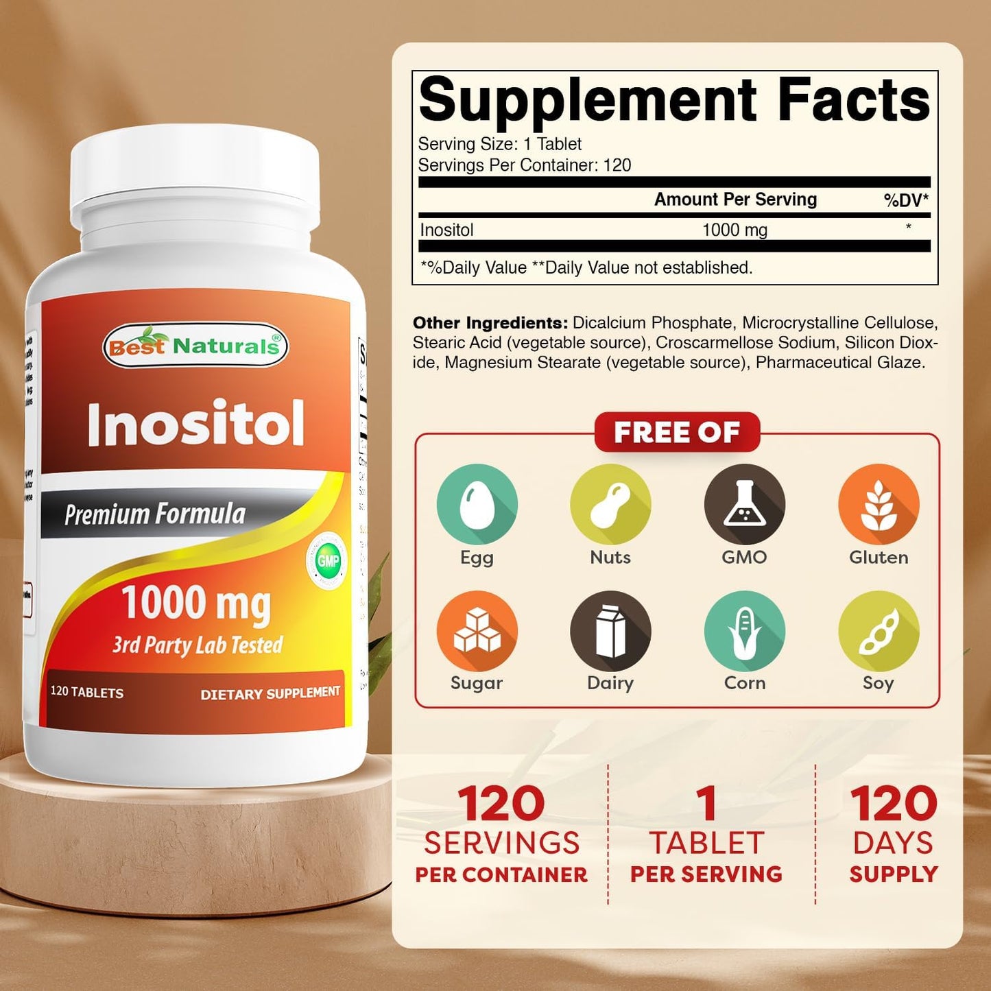 Best Naturals - Inositol 1000mg, 120 tabletas