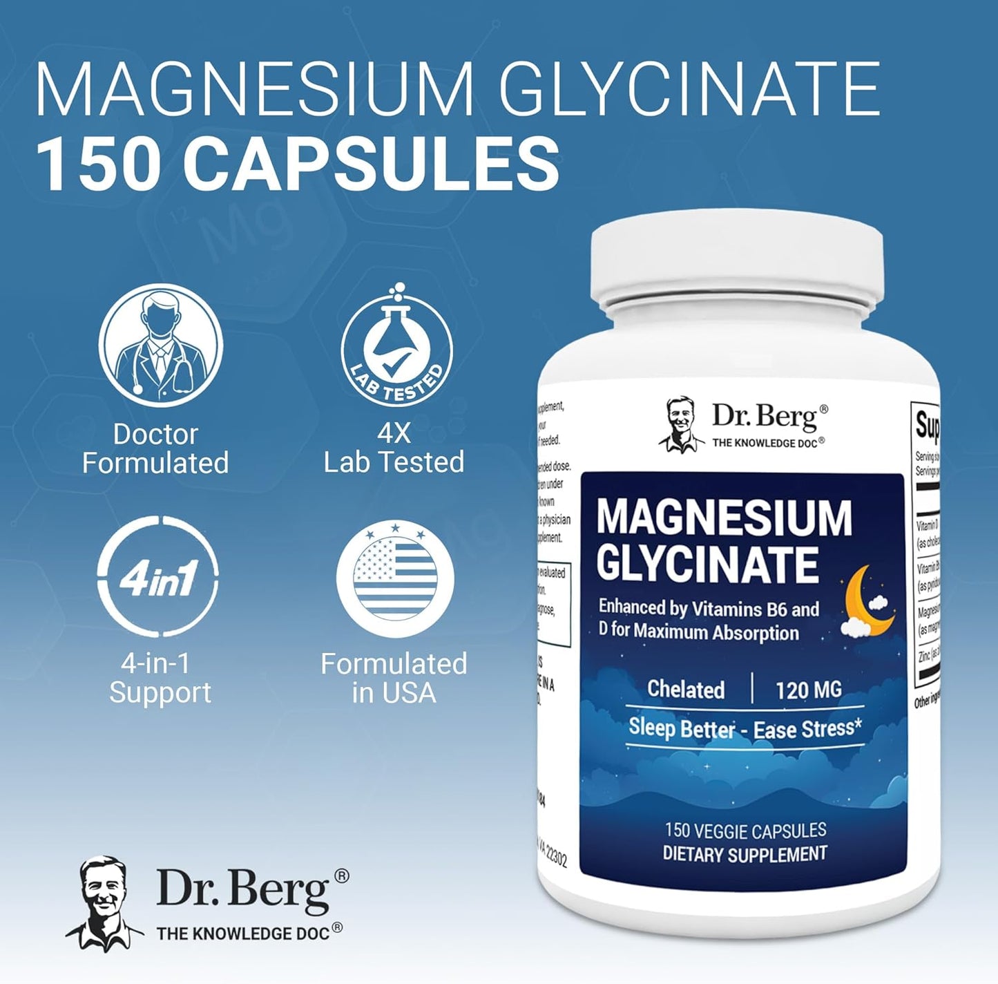Dr. Berg - Magnesium Glycinate 120 mg,  150 capsulas