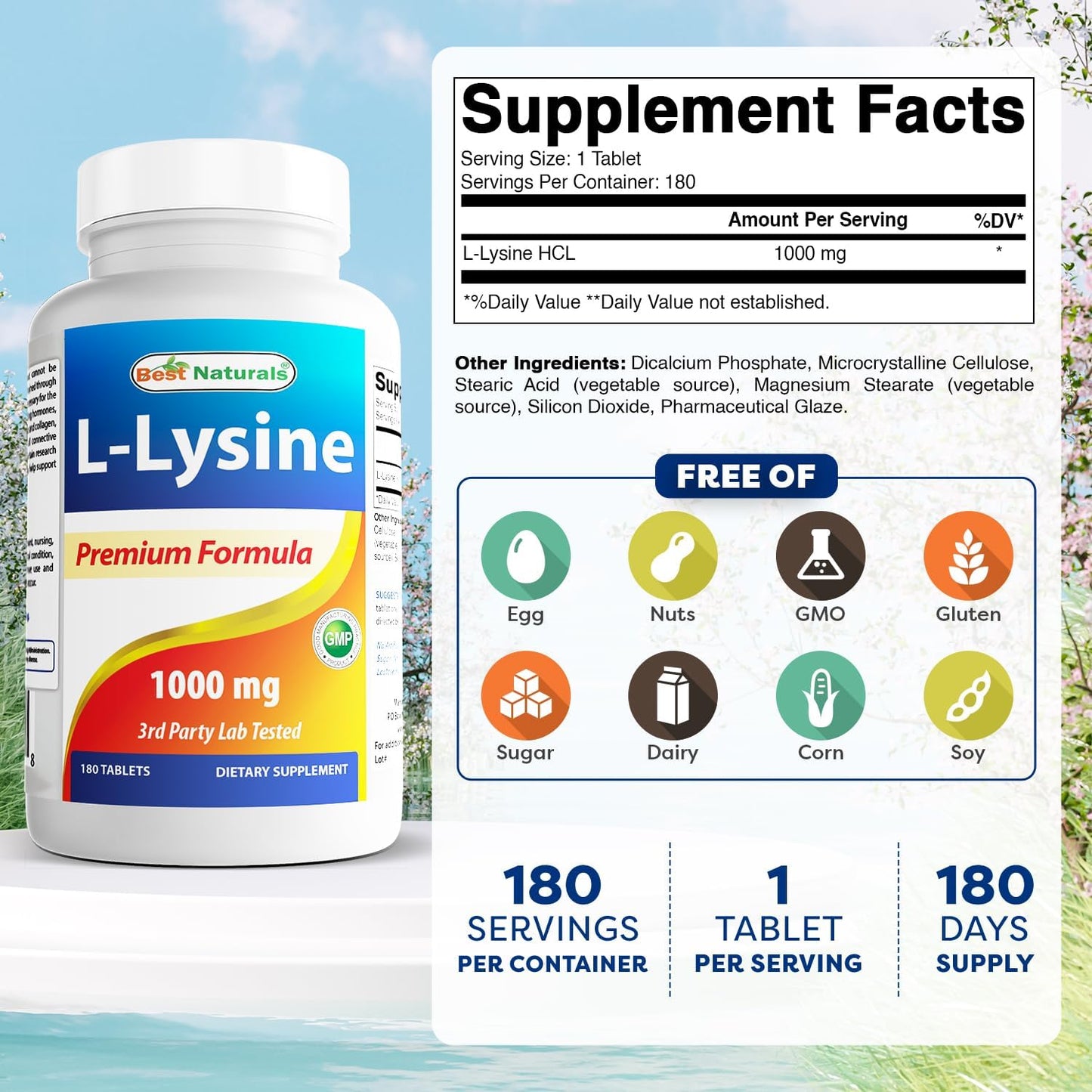 Best Naturals- L-lysine 1000mg, 180 tabletas