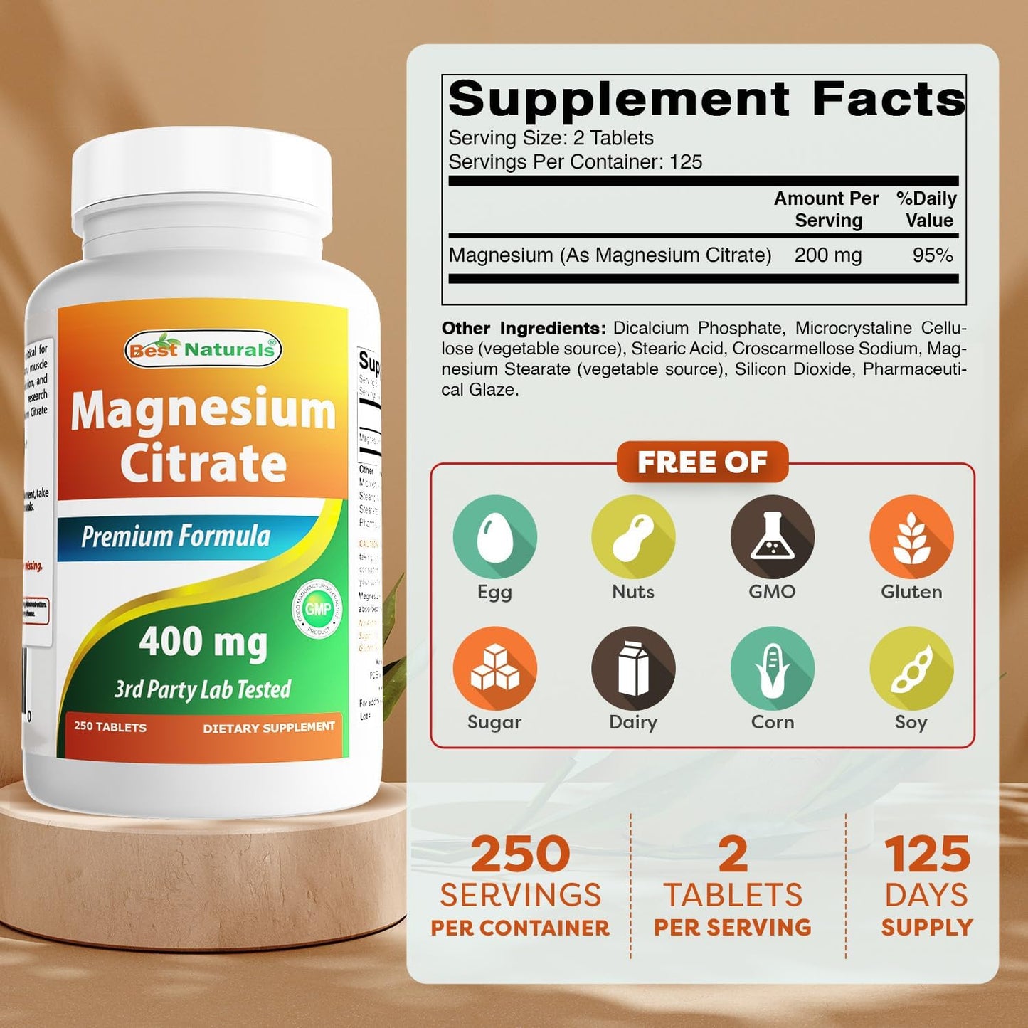 Best Naturals - Magnesium Citrate 400mg, 250 tabletas