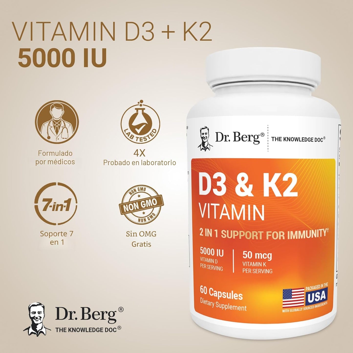Dr. Berg - D3(5000IU) + K2(50 MCG), 60 capsulas