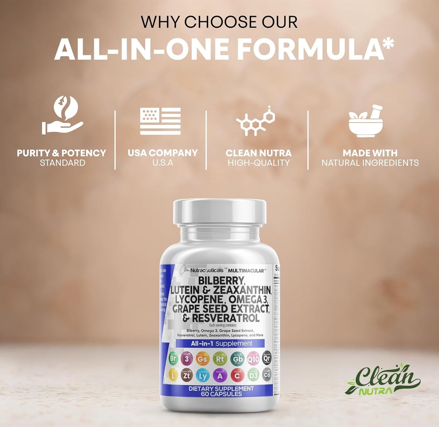 Clean Nutra - Vitaminas para los ojos con arándano, luteína y zeaxantina, suplementos de licopeno de 40 mg de resveratrol , Suplemento vitamínico y mineral  60 Capsulas