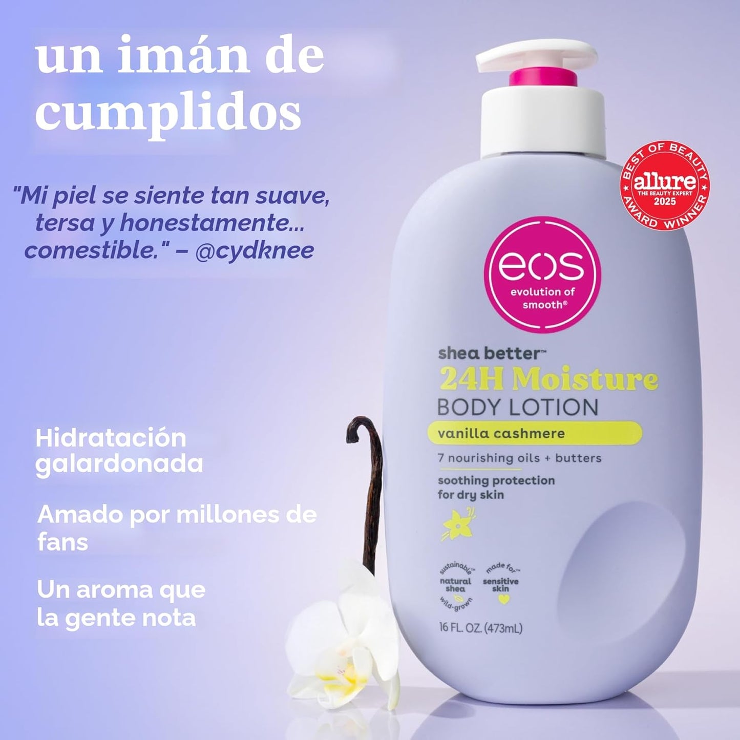 EOS-  Shea Better Loción corporal Vanilla Cashmere, cuidado de la piel con humedad las 24 horas- 473ml