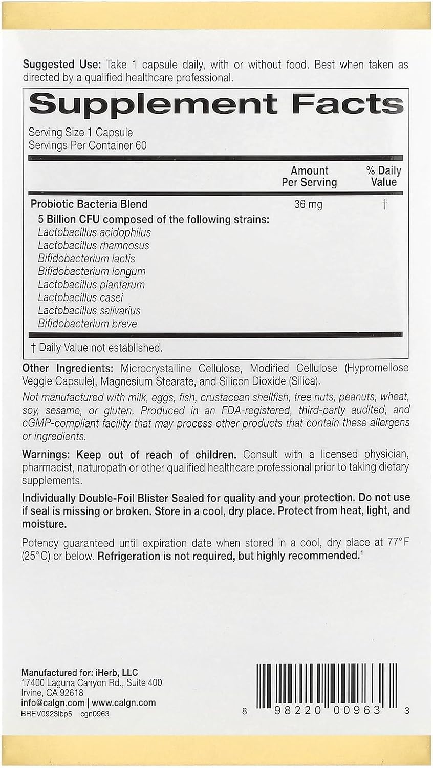 California Gold Nutrition - LactoBif 5 probiotico 5 billion cfu, 60 capsulas