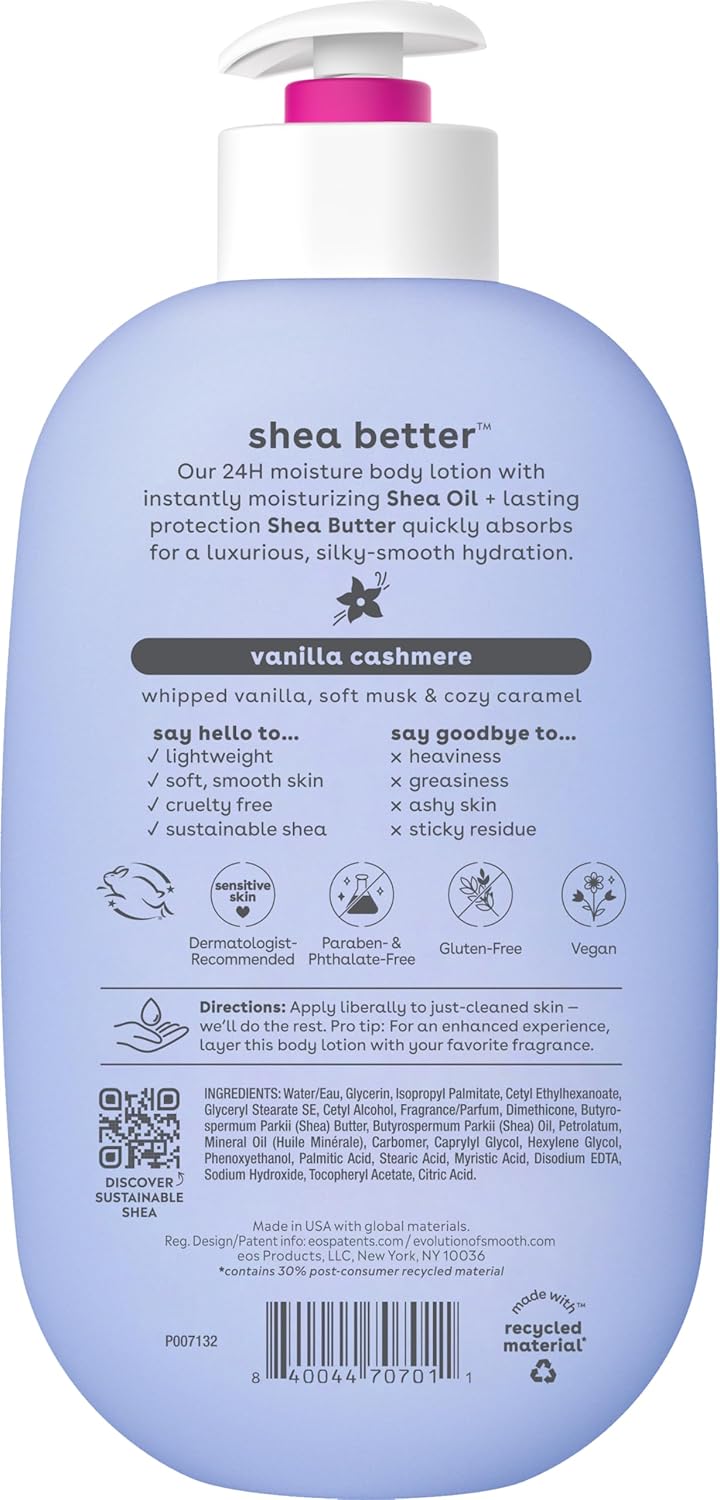 EOS-  Shea Better Loción corporal Vanilla Cashmere, cuidado de la piel con humedad las 24 horas- 473ml