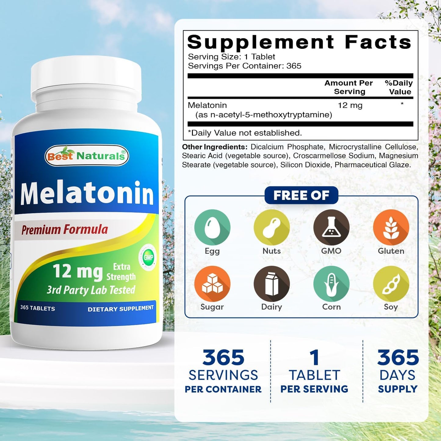 Best Naturals - Melatonina 12mg, 365 tabletas