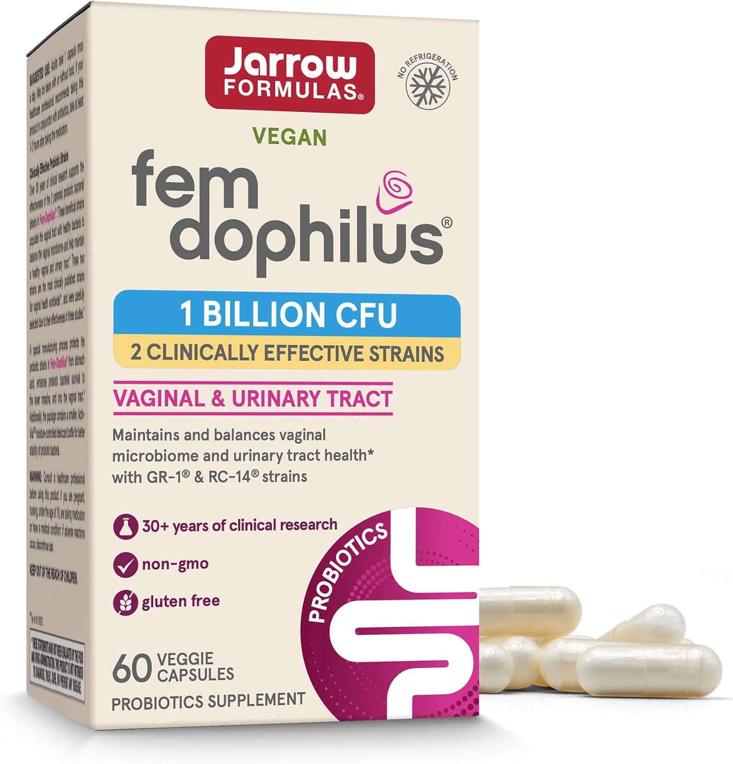 Jarrow Formulas Fem-Dophilus Probióticos 1 mil millones de UFC con 2 cepas clínicamente efectivas 60  Capsulas