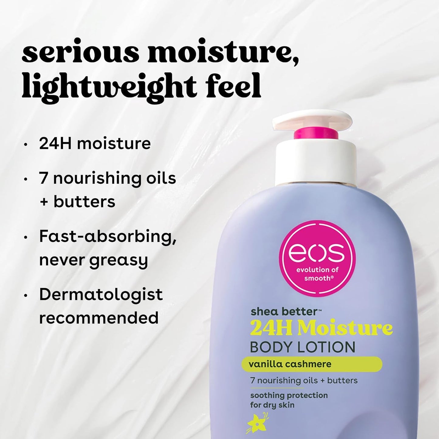 EOS-  Shea Better Loción corporal Vanilla Cashmere, cuidado de la piel con humedad las 24 horas- 473ml