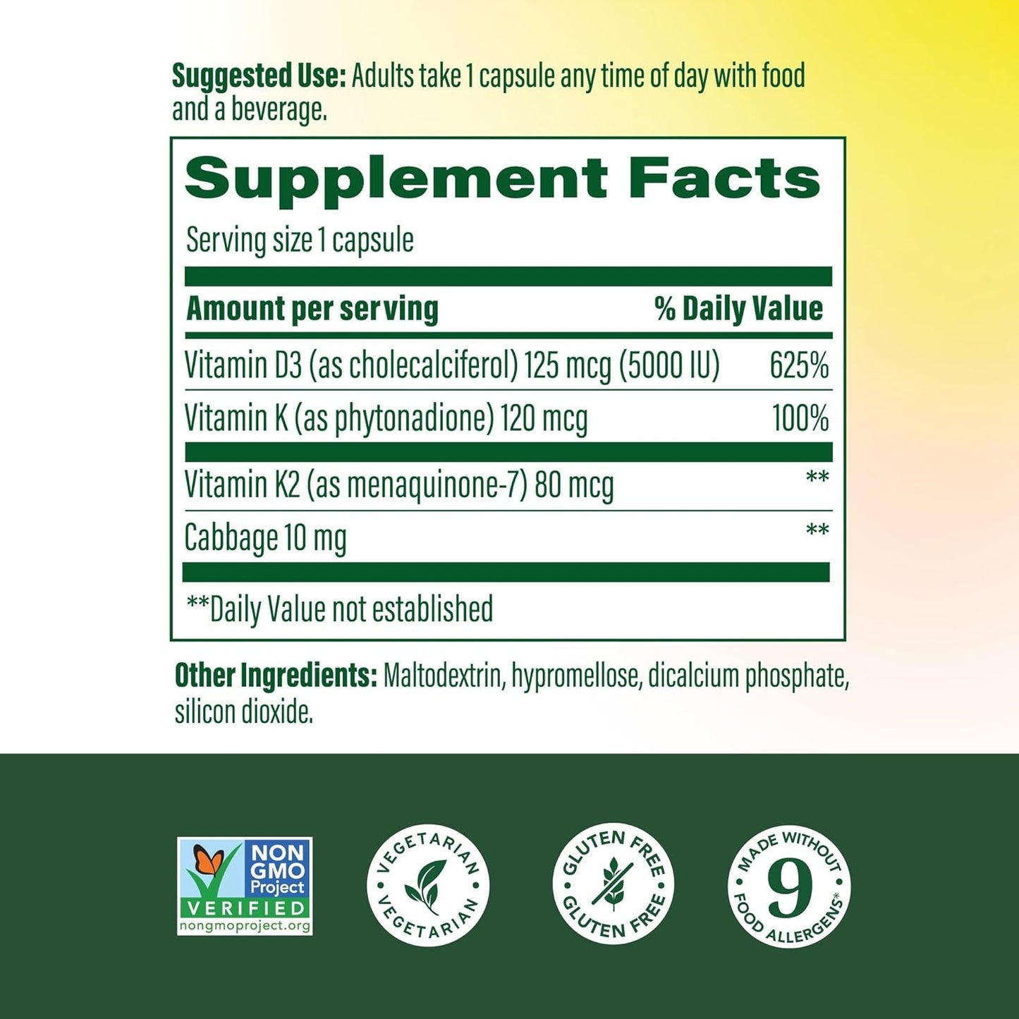 MegaFood - Vitamina D3 & K2 5000IU(125mcg), 120 mini capsulas