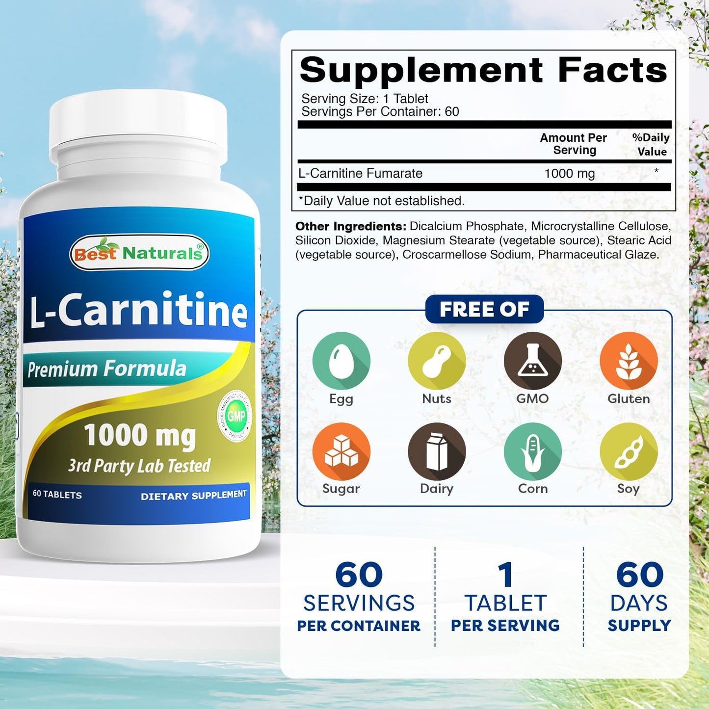 Best Naturals - L-Carnitine 1000mg, 60 tabletas