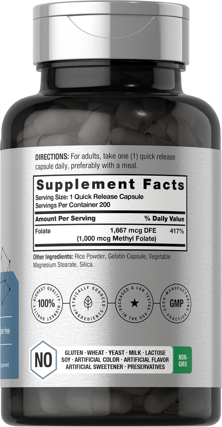 Horbaach - Methyl Folate , 5MTHF 1000mcg - Folato de metilo, 200 Capsulas