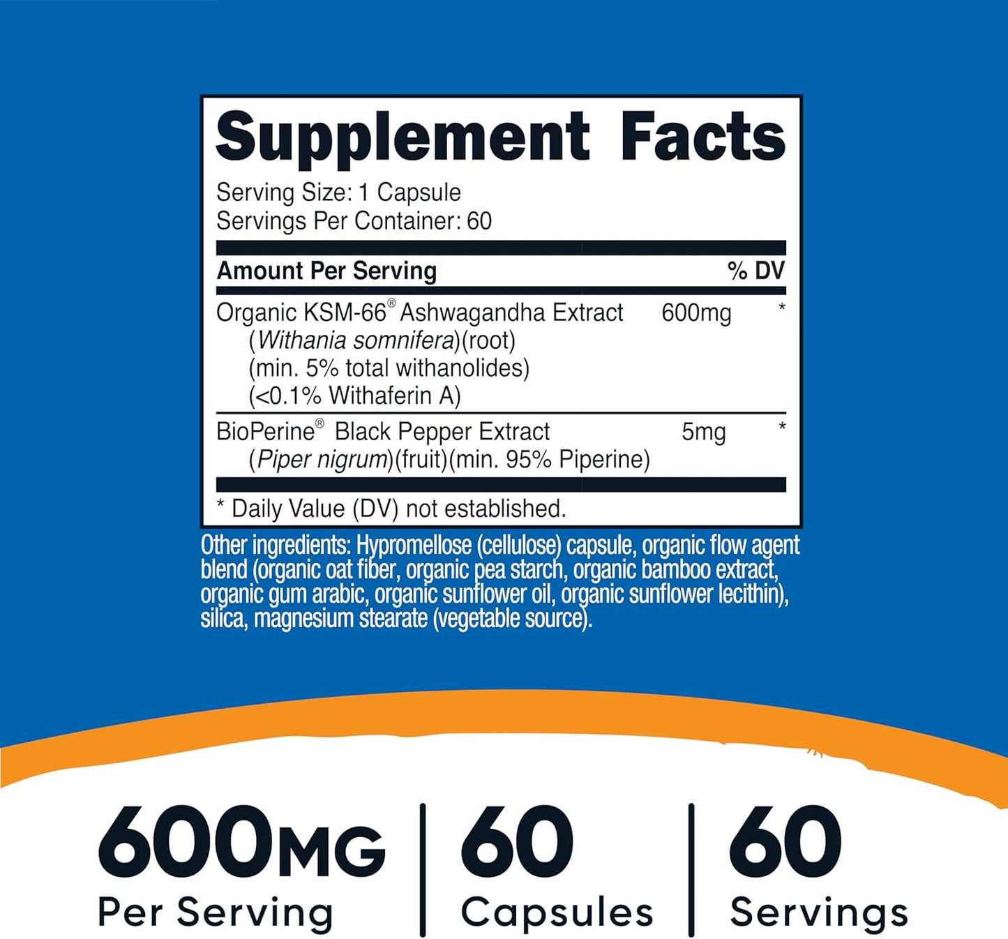 Nutricost KSM-66 Extracto de raíz de Ashwagandha 600 mg, 60 cápsulas