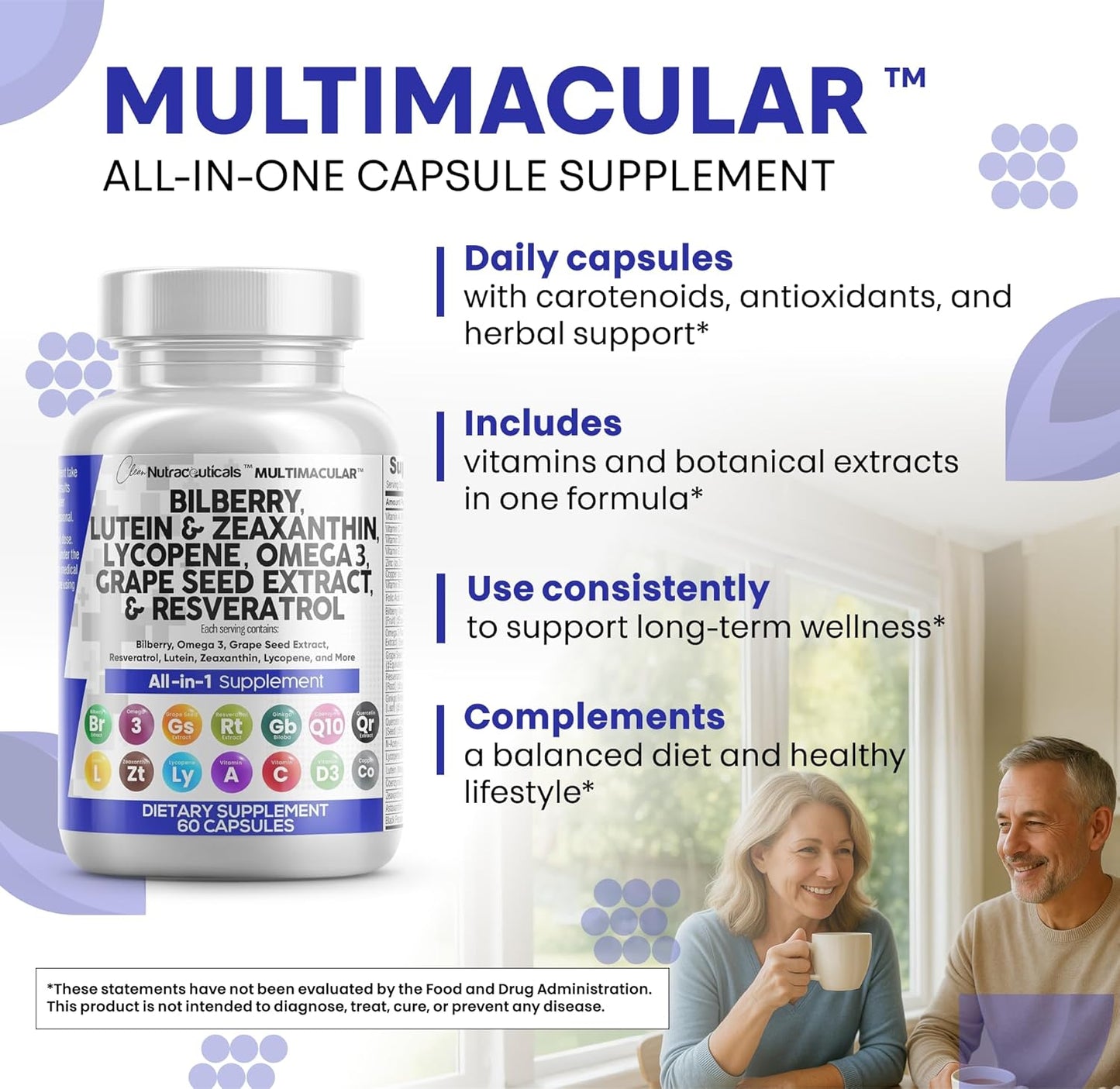 Clean Nutra - Vitaminas para los ojos con arándano, luteína y zeaxantina, suplementos de licopeno de 40 mg de resveratrol , Suplemento vitamínico y mineral  60 Capsulas