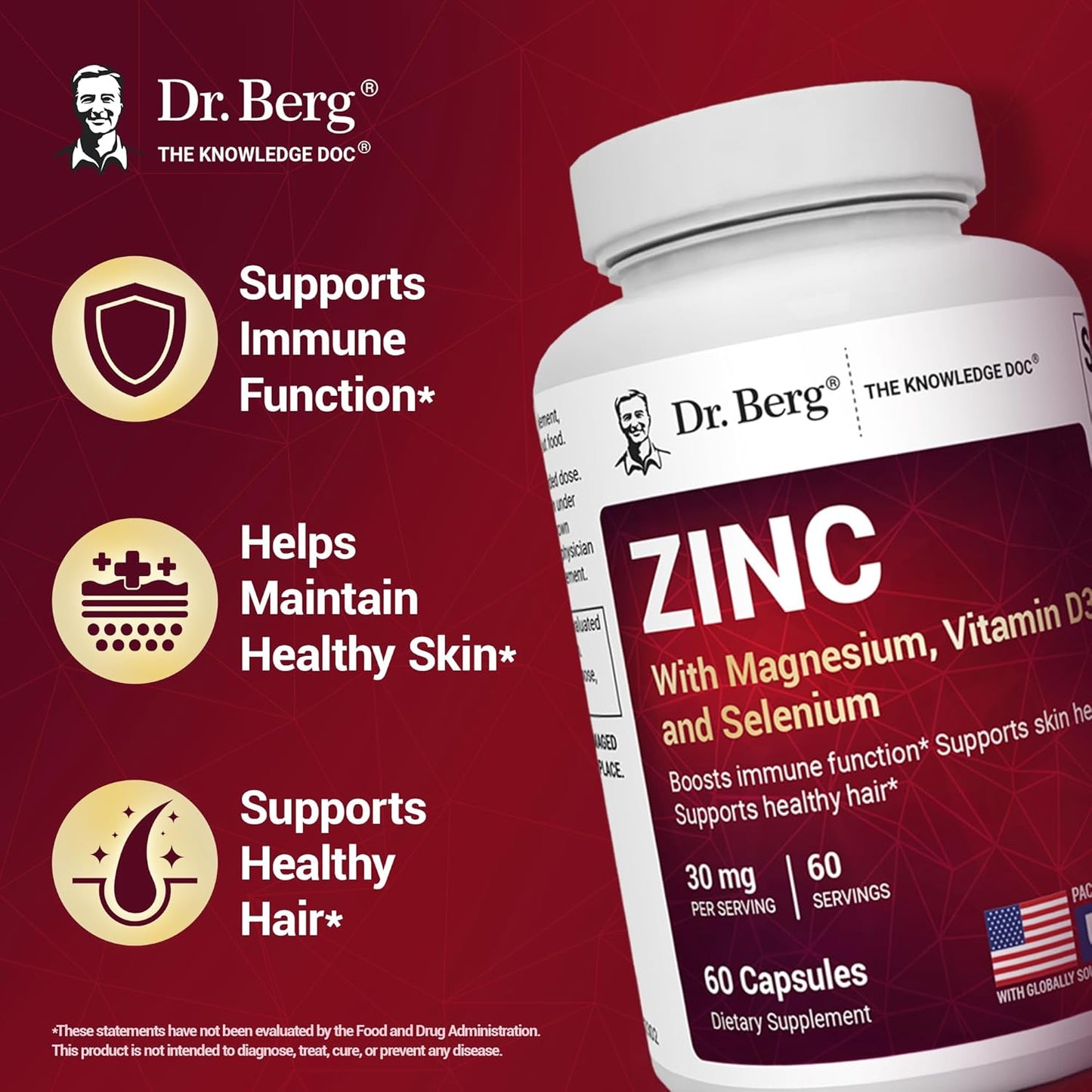 Dr. Berg - Zinc con Magnesio , Vitamina D3 y Selenio 30mg, 60 capsulas