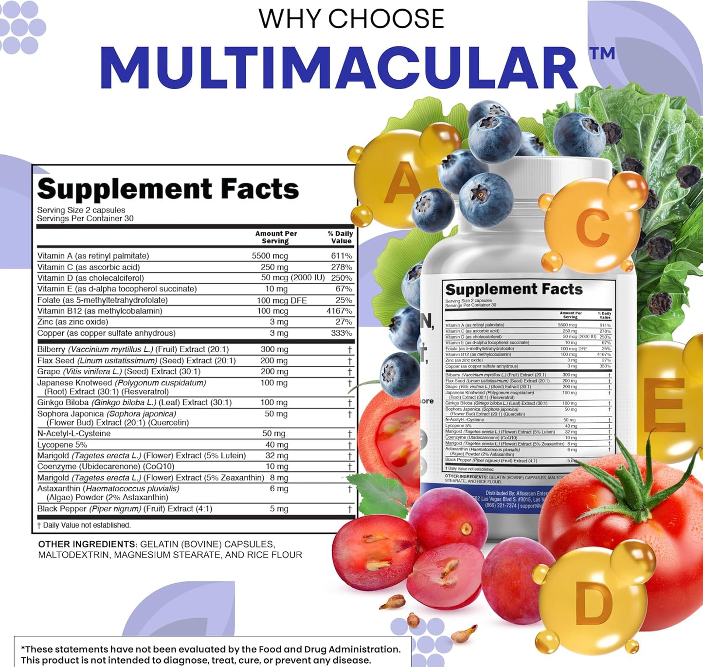 Clean Nutra - Vitaminas para los ojos con arándano, luteína y zeaxantina, suplementos de licopeno de 40 mg de resveratrol , Suplemento vitamínico y mineral  60 Capsulas
