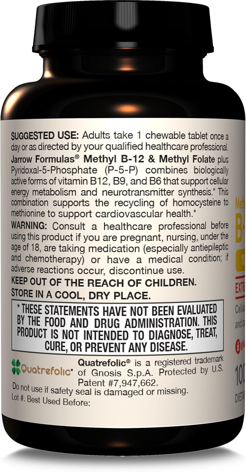 Jarrow Formulas - Methyl B-12(5000mcg) & Folate(800mcg), 60 tabletas masticables
