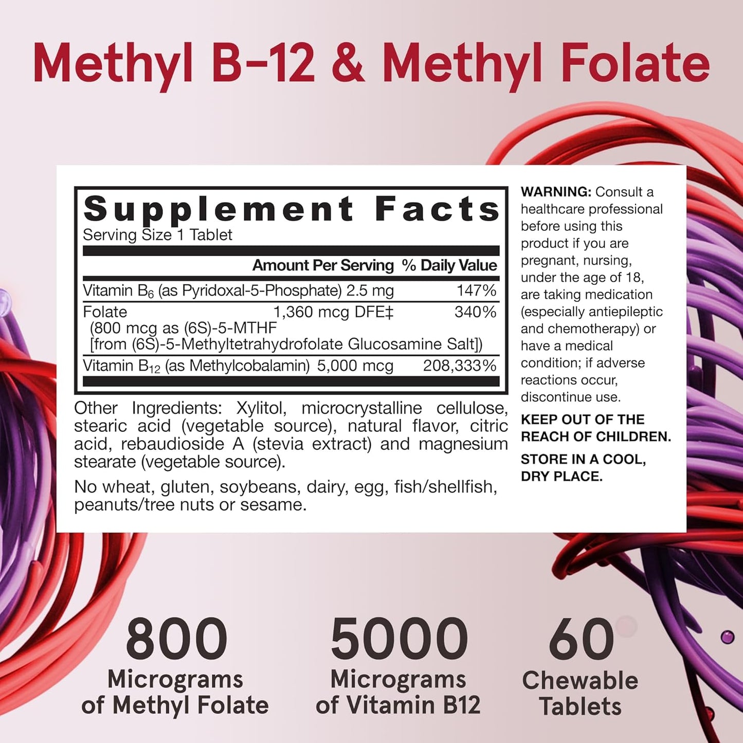 Jarrow Formulas - Methyl B-12(5000mcg) & Folate(800mcg), 60 tabletas masticables