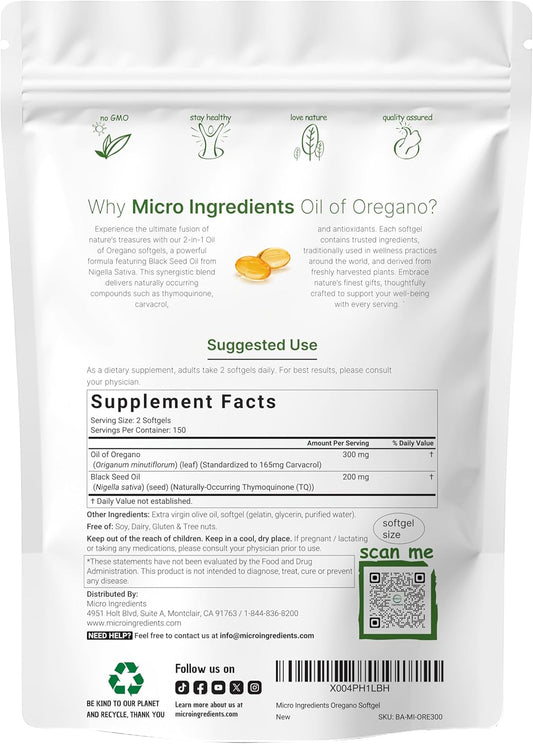Aceite de orégano,  Micro Ingredients 300 Capsulas de Gel  2 en 1 con aceite de semilla negra, carvacrol y timoquinona.
