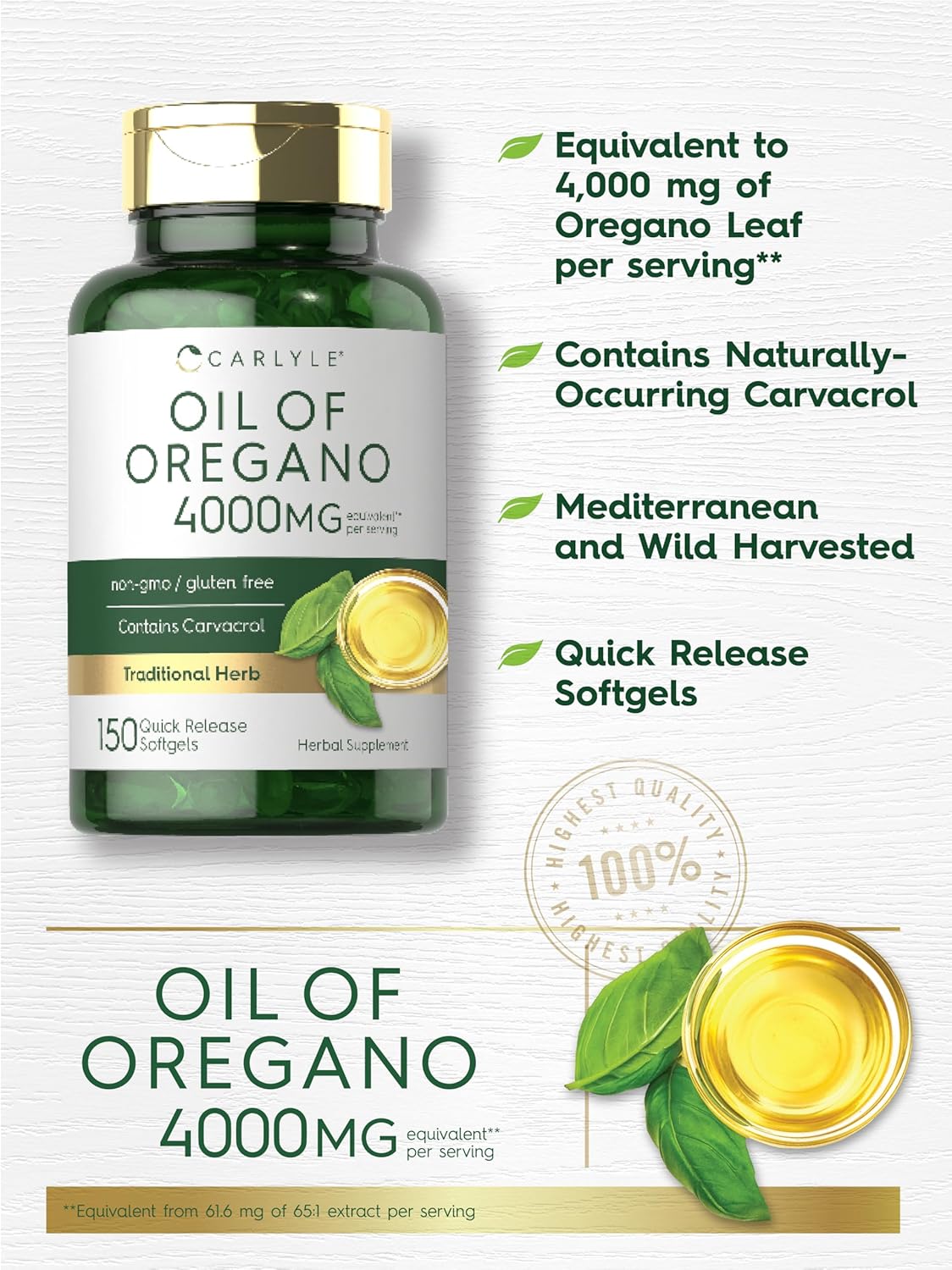 Aceite de Oregano Carlyle 4000mg - Oil of Oregano 150 Capsulas de Gel.
