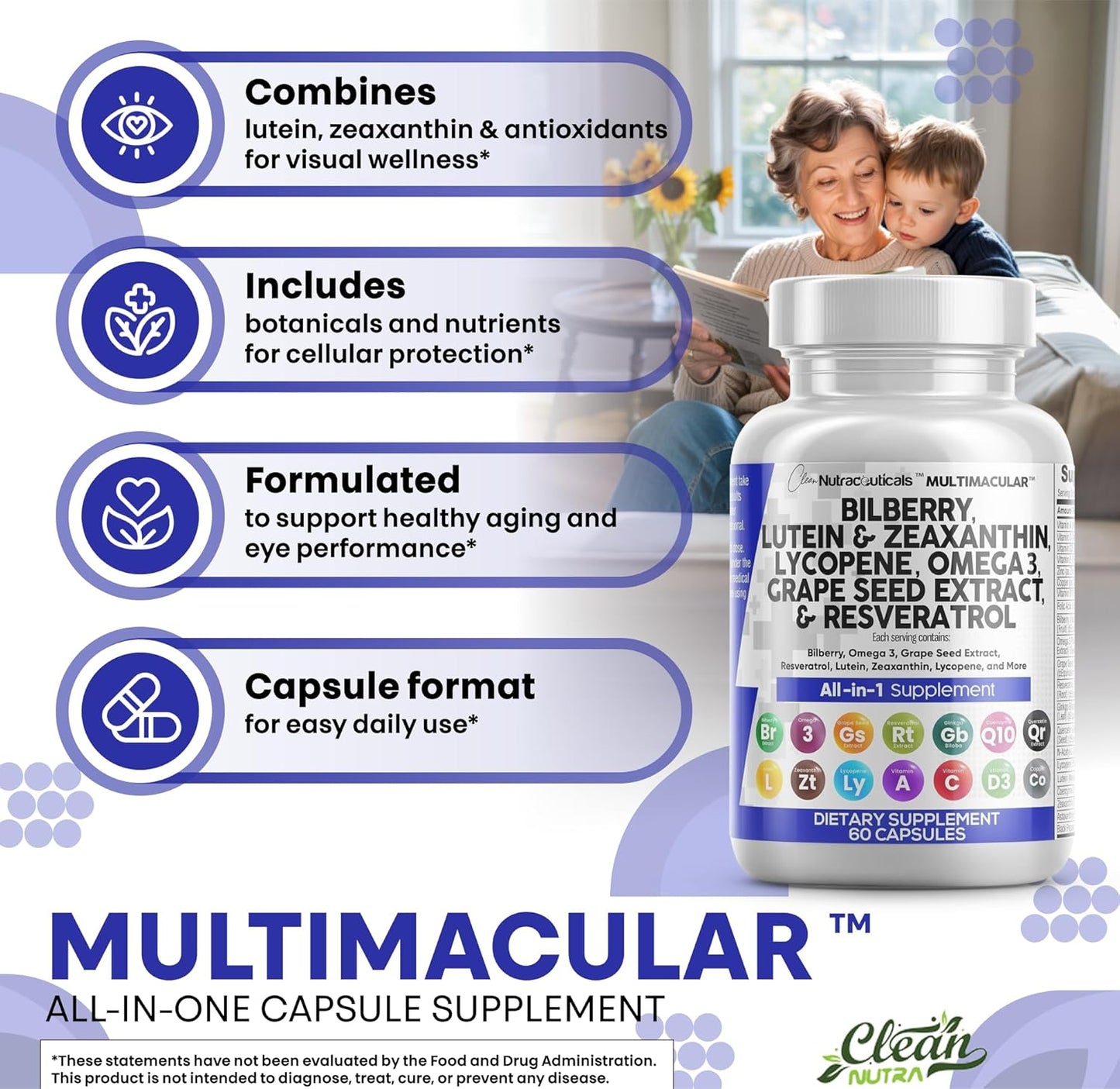 Clean Nutra - Vitaminas para los ojos con arándano, luteína y zeaxantina, suplementos de licopeno de 40 mg de resveratrol , Suplemento vitamínico y mineral  60 Capsulas