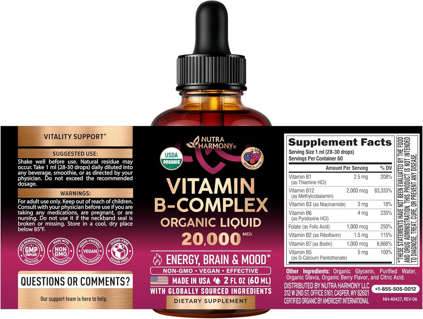 Nutra Harmony - 8 in 1 B- complex con vitamina B12, 60ml