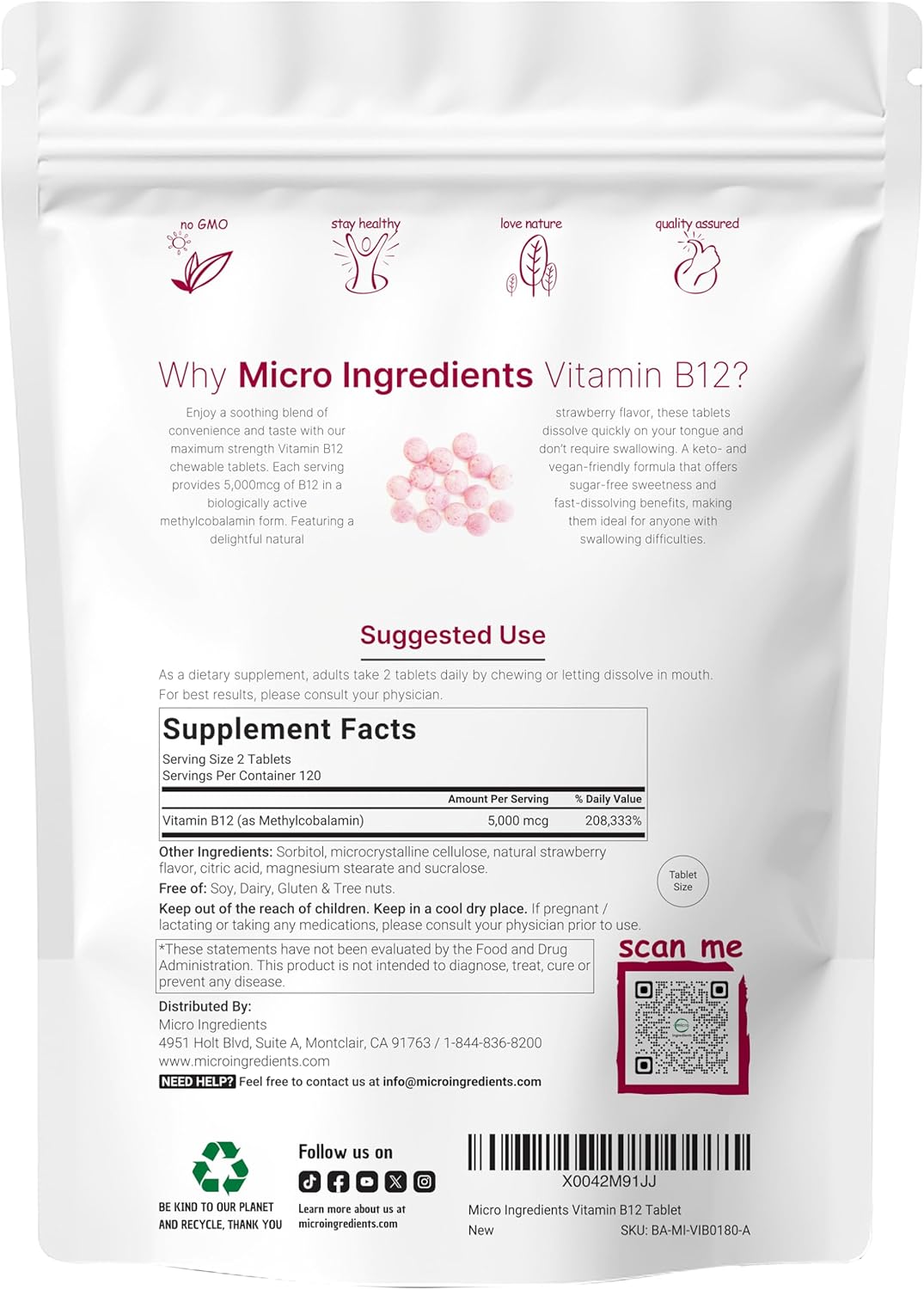 MicroIngredients - Vitamina B12(5,000mcg), 240 tabletas chewable