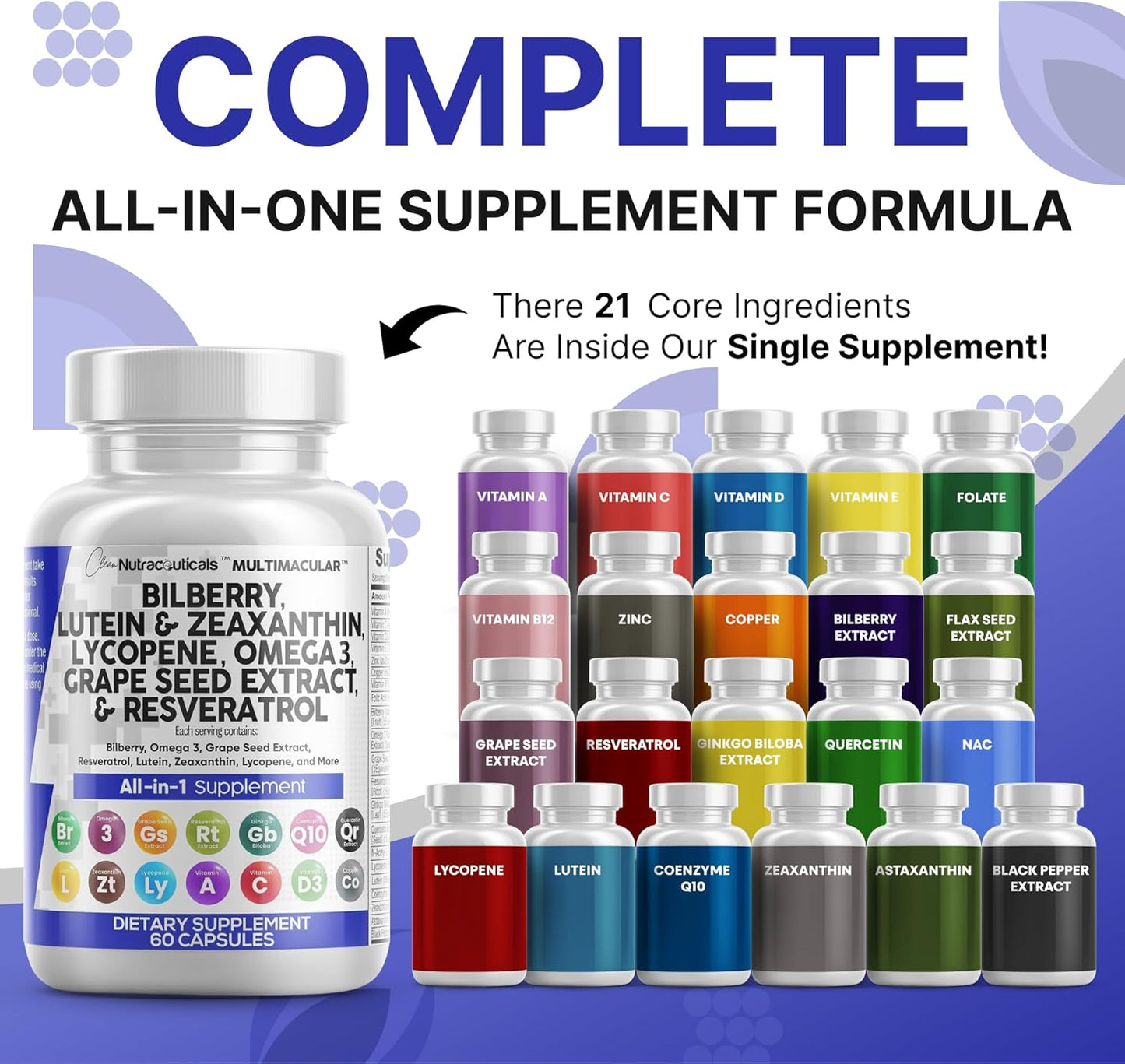 Clean Nutra - Vitaminas para los ojos con arándano, luteína y zeaxantina, suplementos de licopeno de 40 mg de resveratrol , Suplemento vitamínico y mineral  60 Capsulas
