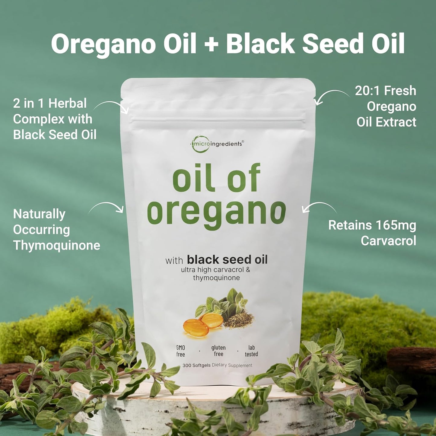 Aceite de orégano,  Micro Ingredients 300 Capsulas de Gel  2 en 1 con aceite de semilla negra, carvacrol y timoquinona.